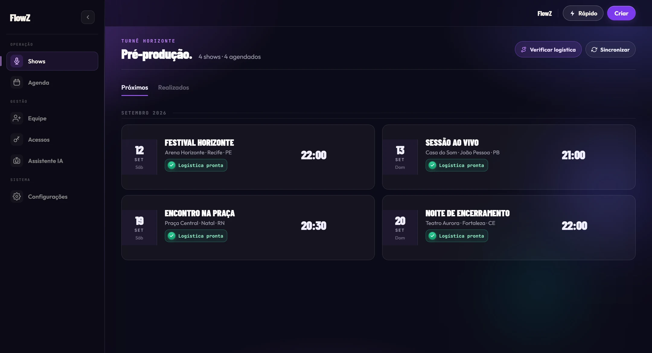 Painel de pré-produção do FlowZ com datas, cidades, horários e logística de quatro shows demonstrativos.